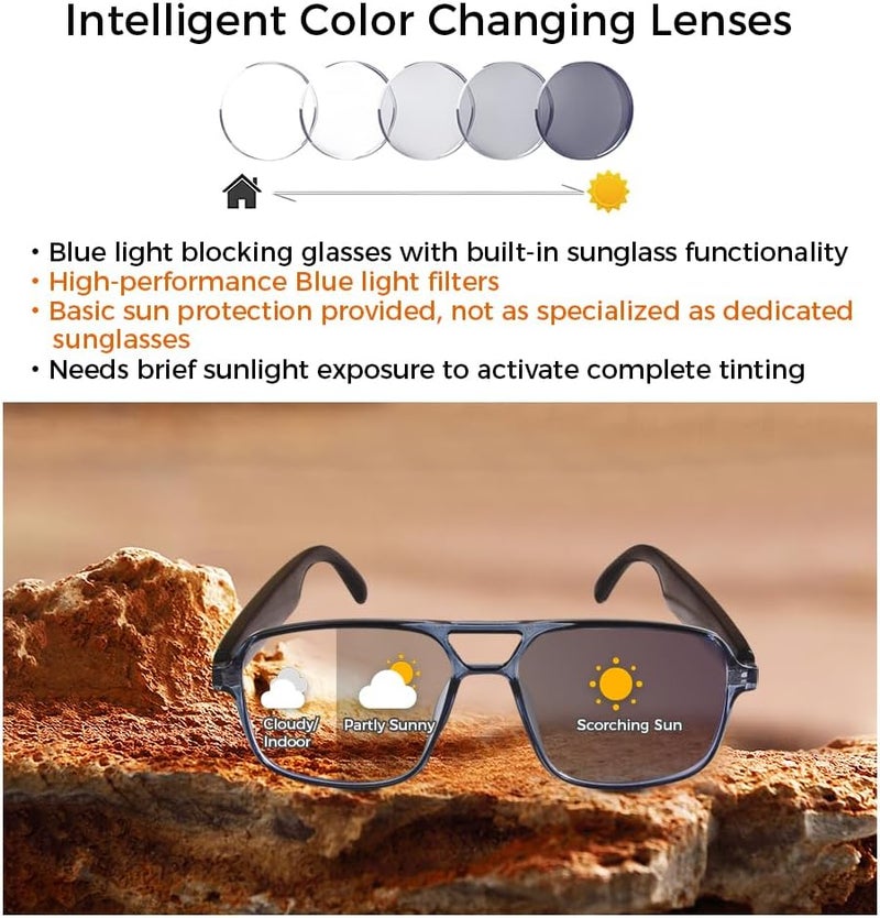Jawploy Smart Glasses Bluetooth Audio Glasses Sunglasses Blue Light Glasses for Men Women Color-Change UV Protection Dual Mic - Image 3